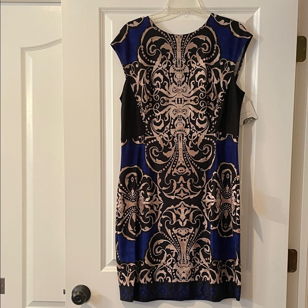 Donna Morgan Blue and Black Midi Dress with Cream Scroll Motif